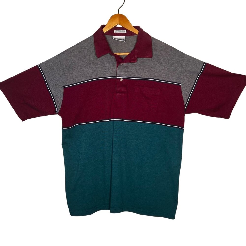John Henry Sport Men  XL Polo Shirt Colorblock Casual Red Gray Teal Short Sleeve